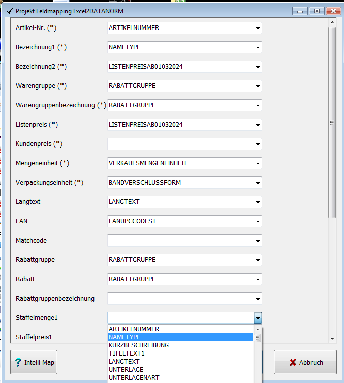 GUI EXCEL 2 DATANORM Field Mapping